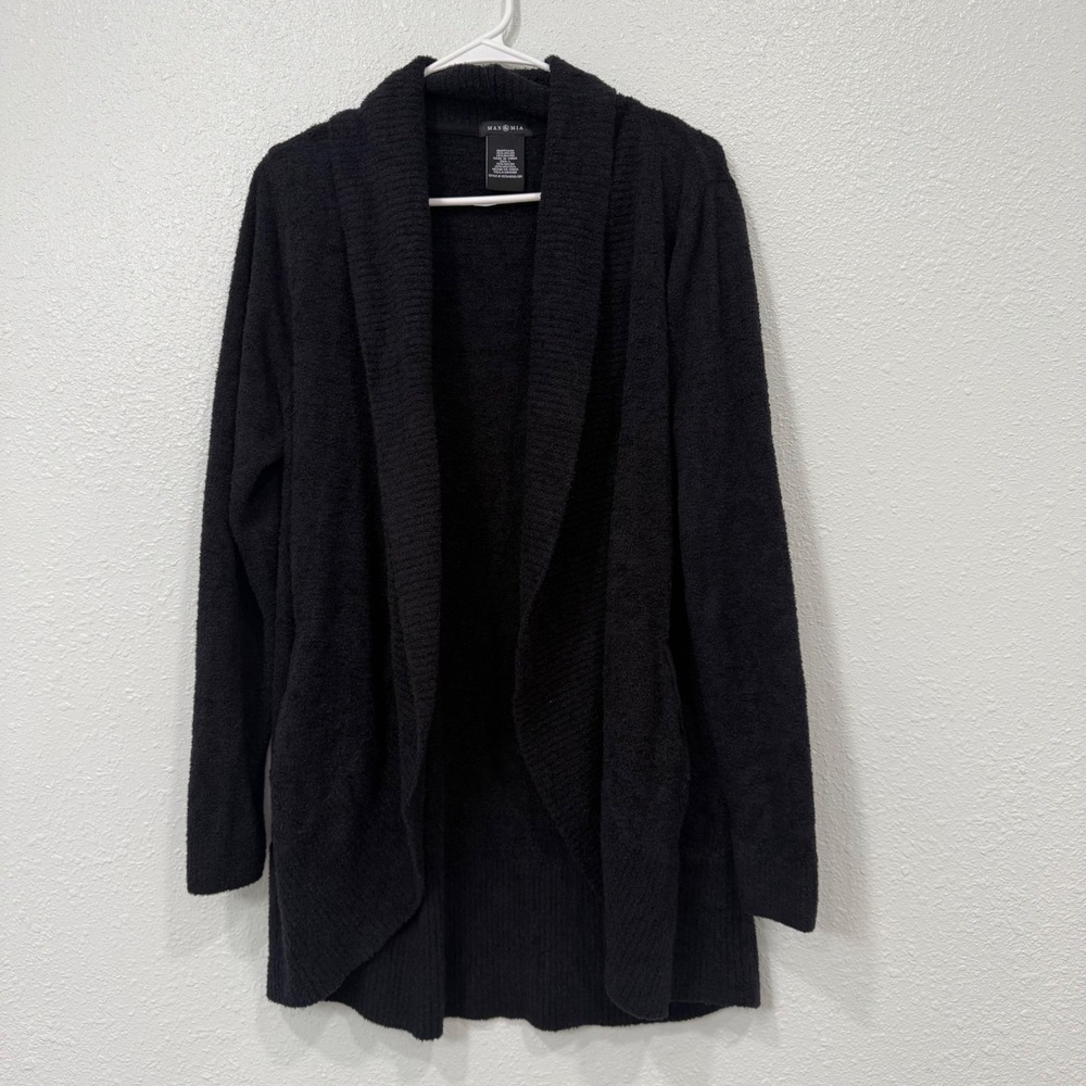 Max & Mia Womens Black Open Front Shawl Collar Textured Knit Cardigan Size L